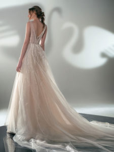 Sparkling A-line wedding dress with V-neckline, available in ivory-nude, ivory
