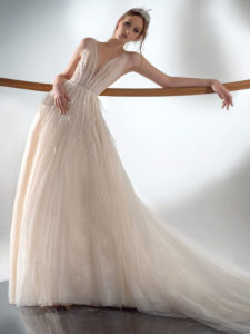 Sparkling A-line wedding dress with V-neckline, available in ivory-nude, ivory