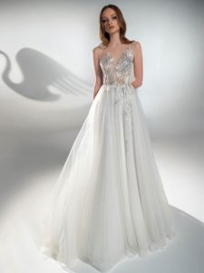 Sparkly A-line wedding dress with floral top, available in ivory-nude, ivory (embroidery is possible only as in the photo)