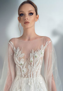 Style #2107, cape sleeve A-line wedding dress with floral applique, available in ivory-nude, ivory (lace is possible only as in the photo)