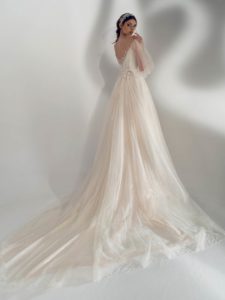 Sparkly A-line wedding dress with off-the-shoulder sleeves, available in cream, ivory