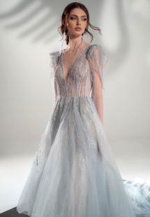 Style #2111, long-sleeve A-line wedding dress with open V-back, available in grey-blue, ivory