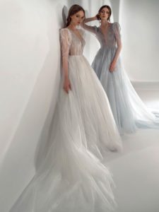 Long-sleeve A-line wedding dress with open V-back, available in grey-blue, ivory