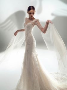 Sparkly fit and flare wedding dress with long bell sleeves, available in cream, ivory