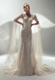 Style #2112Pr, sparkly fit and flare wedding dress with long bell sleeves, available in cream, ivory