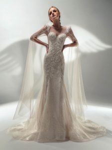 Sparkly fit and flare wedding dress with long bell sleeves, available in cream, ivory