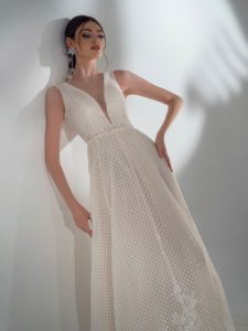 Sequinned lace A-line wedding dress, available in cream, ivory
