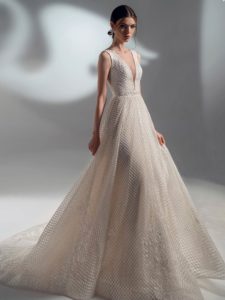 Sequinned lace A-line wedding dress, available in cream, ivory