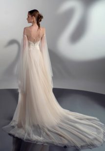 Style #2114, A-line wedding dress with cape sleeves, available in cream, ivory