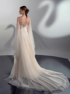 A-line wedding dress with cape sleeves, available in cream, ivory
