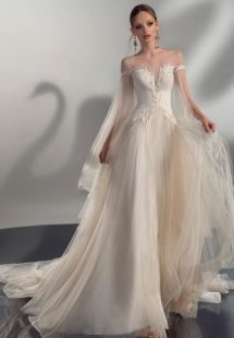 Style #2114, A-line wedding dress with cape sleeves, available in cream, ivory