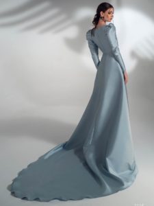 Mikado A-line wedding dress with long sleeves, available in grey-blue, ivory