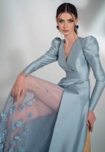 Style #2115, Mikado A-line wedding dress with long sleeves, available in grey-blue, ivory
