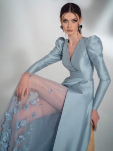 Style #2115, Mikado A-line wedding dress with long sleeves, available in grey-blue, ivory