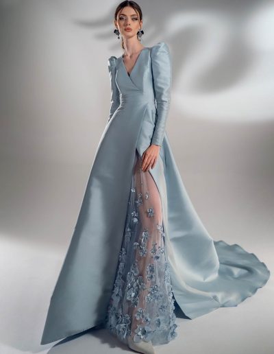 Mikado A-line wedding dress with long sleeves, available in grey-blue, ivory