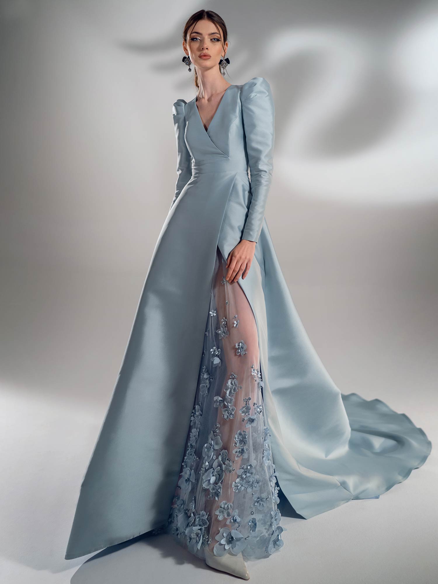 Style #2115, Mikado A-line wedding dress with long sleeves, available in grey-blue, ivory