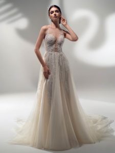 A-line wedding dress with illusion halter neckline and leaf embroidery