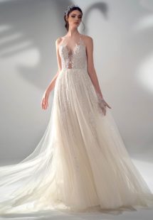 Style #2116, A-line wedding dress with illusion halter neckline and leaf embroidery, available in ivory