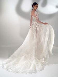Long-sleeve A-line wedding dress with green decor, available in ivory-nude, ivory (lace is possible only as in the photo)