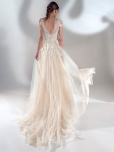 V-neck A-line wedding dress with 3D flowers, available in cream, ivory
