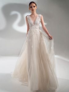 V-neck A-line wedding dress with 3D flowers, available in cream, ivory
