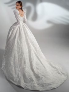 Style #2119, jacquard A-line wedding dress with long sleeves, available in ivory