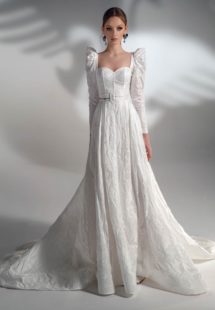 Style #2119, jacquard A-line wedding dress with long sleeves, available in ivory