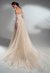 Style #2121, off the shoulder A-line wedding dress with detachable sleeves, available in cream–nude, ivory