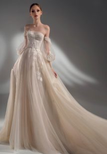 Style #2121, off the shoulder A-line wedding dress with detachable sleeves, available in cream–nude, ivory