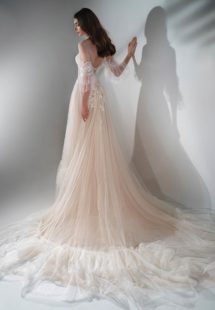 Style #2122, three-quarter sleeve A-line wedding dress with ruffles, available in cream-nude, ivory