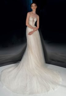 Style #2123, sparkly A-line wedding dress with bustier top, available in cream