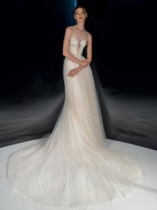 Style #2123, sparkly A-line wedding dress with bustier top, available in cream