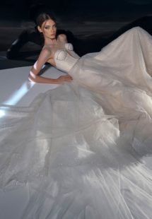 Style #2123, sparkly A-line wedding dress with bustier top, available in cream