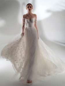 Off-the-shoulder sleeve A-line wedding dress with pearls