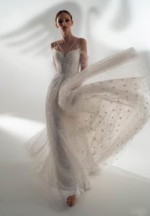 Style #2125, off the shoulder sleeve A-line wedding dress with pearls, available in ivory