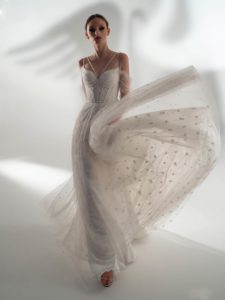 Off-the-shoulder sleeve A-line wedding dress with pearls