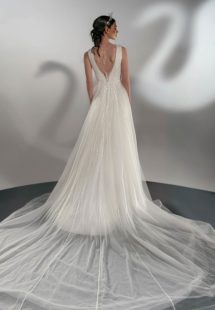 Style #2127a, A-line wedding dress with leaf embroidery, available in ivory