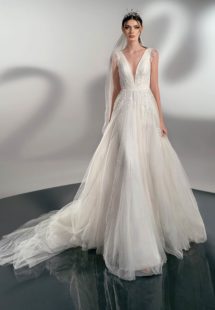 Style #2127a, A-line wedding dress with leaf embroidery, available in ivory