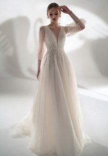 Style #2127b, puff sleeve A-line wedding dress with leaf embroidery, available in ivory