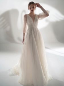 Style #2127b, puff sleeve A-line wedding dress with leaf embroidery, available in ivory