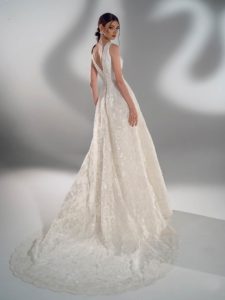 Cream Sparkly lace ball gown wedding dress with V-neck