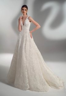 Style #2128a, sparkly lace ball gown wedding dress with V-neck, available in cream