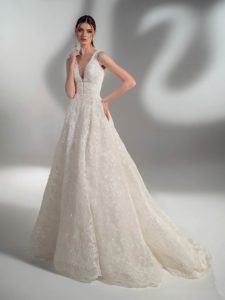 Style #2128a, sparkly lace ball gown wedding dress with V-neck, available in cream