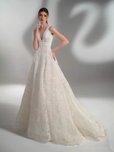 Cream sparkly lace ball gown wedding dress with V-neck