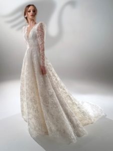 Style #2128b, sparkly lace ball gown wedding dress with long sleeves, available in cream