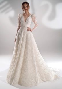 Style #2128b, sparkly lace ball gown wedding dress with long sleeves, available in cream