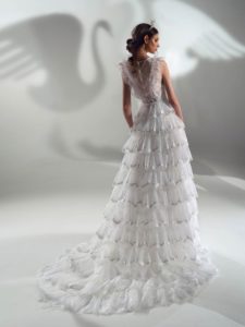 Sparkly A-line wedding dress with tiered skirt, available in white-ivory, ivory