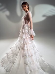 Sparkly A-line wedding dress with tiered skirt, available in white-ivory, ivory