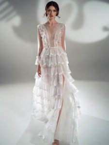 Sparkly A-line wedding dress with tiered skirt, available in white-ivory, ivory