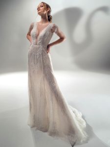 Sparkly sheath wedding dress with V-neck